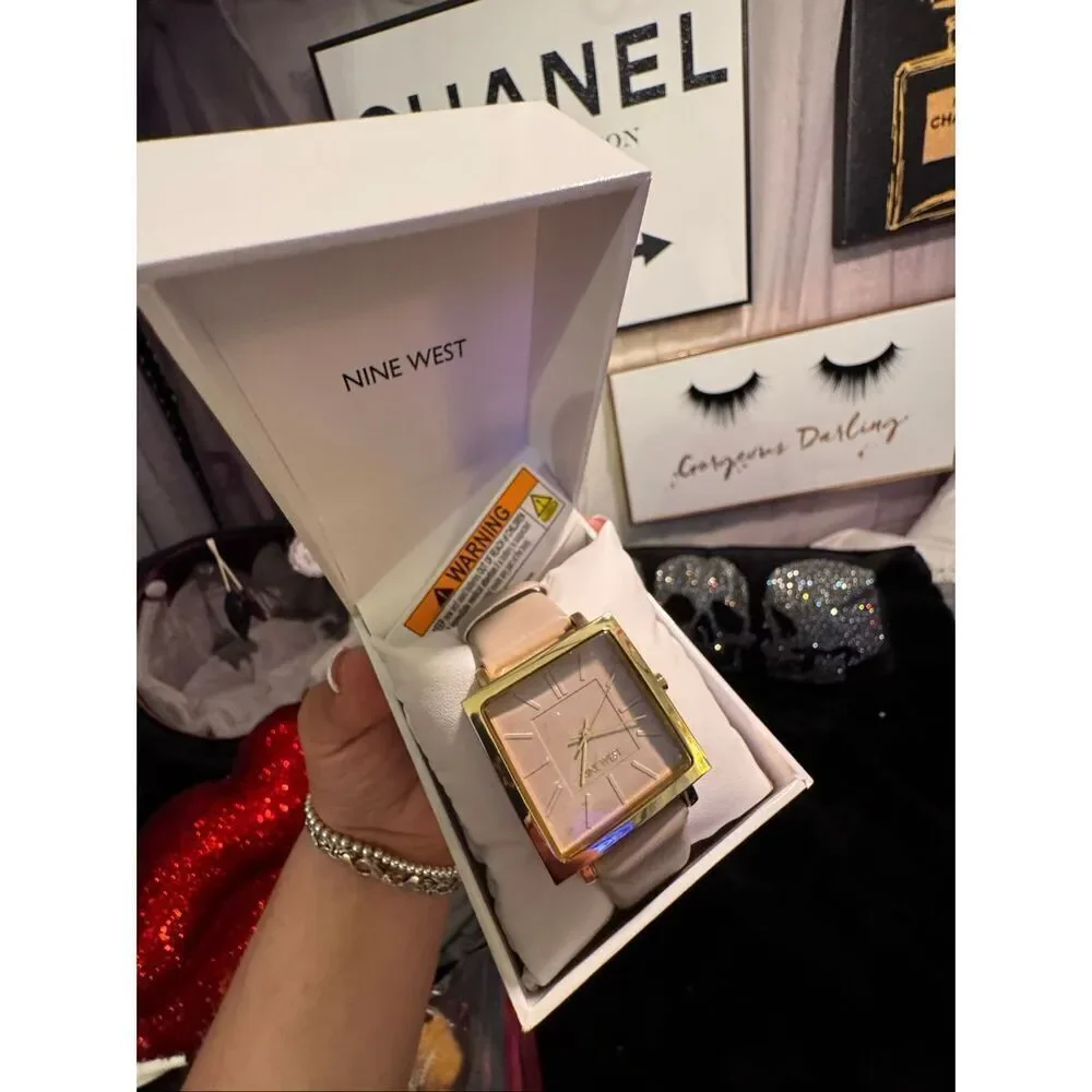 NWT nib women’s tan & gold leather square analog large dial Nine West watch